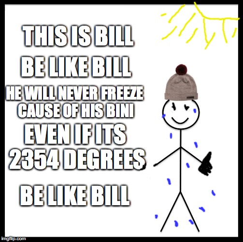 Be Like Bill | THIS IS BILL; BE LIKE BILL; HE WILL NEVER FREEZE CAUSE OF HIS BINI; EVEN IF ITS 2354 DEGREES; BE LIKE BILL | image tagged in memes,be like bill | made w/ Imgflip meme maker