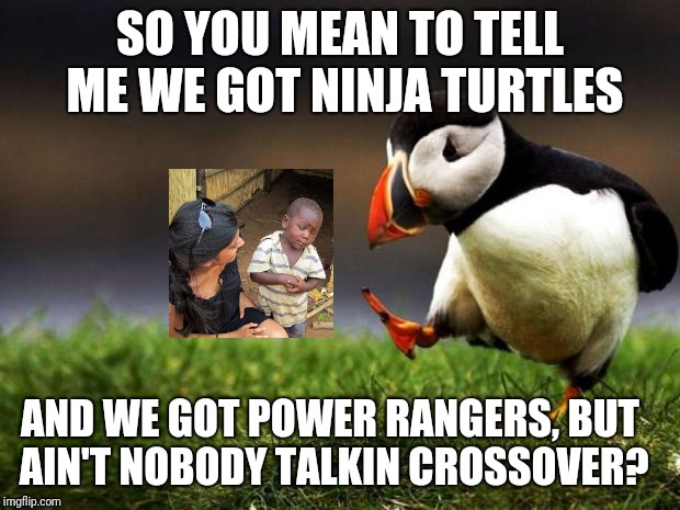Unpopular Opinion Puffin Meme | SO YOU MEAN TO TELL ME WE GOT NINJA TURTLES; AND WE GOT POWER RANGERS, BUT AIN'T NOBODY TALKIN CROSSOVER? | image tagged in memes,unpopular opinion puffin | made w/ Imgflip meme maker