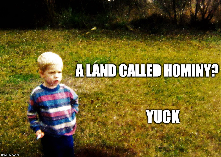 "I wonder" boy | A LAND CALLED HOMINY? YUCK | image tagged in i wonder boy | made w/ Imgflip meme maker