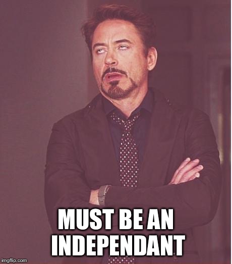 Face You Make Robert Downey Jr Meme | MUST BE AN INDEPENDENT | image tagged in memes,face you make robert downey jr | made w/ Imgflip meme maker