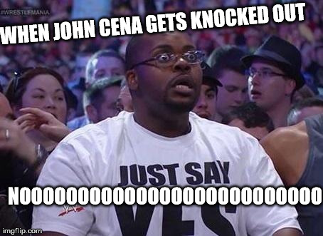 WrestleMania 30 Shocked Fan Meme | WHEN JOHN CENA GETS KNOCKED OUT; NOOOOOOOOOOOOOOOOOOOOOOOOOO | image tagged in wrestlemania 30 shocked fan meme | made w/ Imgflip meme maker
