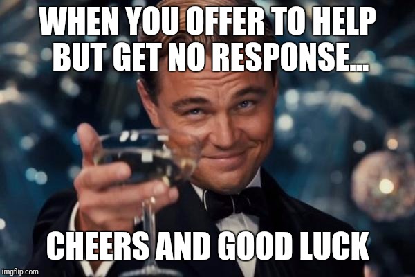 Leonardo Dicaprio Cheers Meme | WHEN YOU OFFER TO HELP BUT GET NO RESPONSE... CHEERS AND GOOD LUCK | image tagged in memes,leonardo dicaprio cheers | made w/ Imgflip meme maker