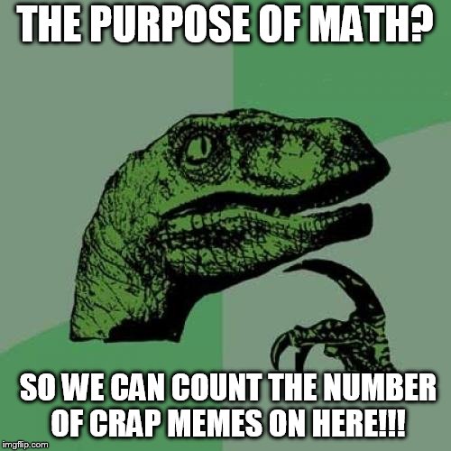 Philosoraptor Meme | THE PURPOSE OF MATH? SO WE CAN COUNT THE NUMBER OF CRAP MEMES ON HERE!!! | image tagged in memes,philosoraptor | made w/ Imgflip meme maker