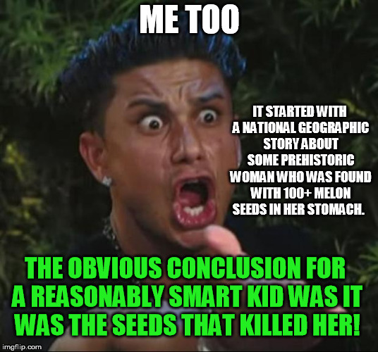 DJ Pauly D Meme | ME TOO IT STARTED WITH A NATIONAL GEOGRAPHIC STORY ABOUT SOME PREHISTORIC WOMAN WHO WAS FOUND WITH 100+ MELON SEEDS IN HER STOMACH. THE OBVI | image tagged in memes,dj pauly d | made w/ Imgflip meme maker