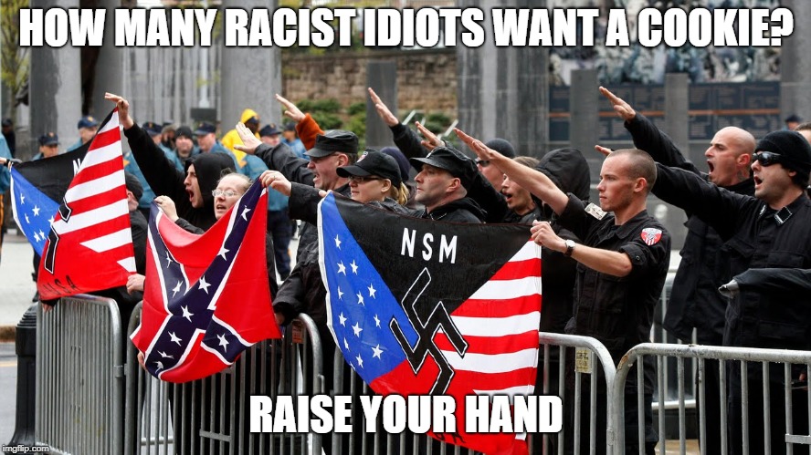 HOW MANY RACIST IDIOTS WANT A COOKIE? RAISE YOUR HAND | image tagged in neo-nazis | made w/ Imgflip meme maker