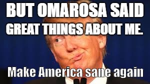 Crazy Trump | BUT OMAROSA SAID; GREAT THINGS ABOUT ME. Make America sane again | image tagged in crazy trump | made w/ Imgflip meme maker