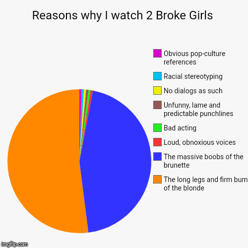 Reasons why I watch 2 Broke Girls | The long legs and firm bum of the blonde, The massive boobs of the brunette , Loud, obnoxious voices, Ba | image tagged in funny,pie charts | made w/ Imgflip chart maker