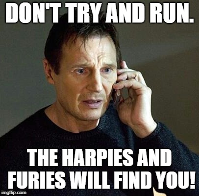 I will find you | DON'T TRY AND RUN. THE HARPIES AND FURIES WILL FIND YOU! | image tagged in i will find you | made w/ Imgflip meme maker