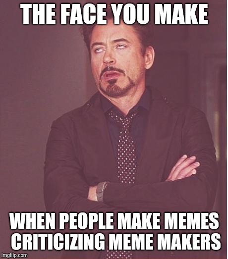 This meme criticizes memes criticizing memes | THE FACE YOU MAKE; WHEN PEOPLE MAKE MEMES CRITICIZING MEME MAKERS | image tagged in memes,face you make robert downey jr | made w/ Imgflip meme maker
