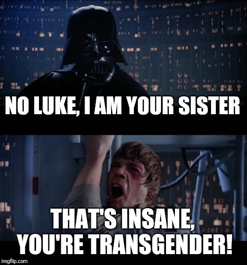 If star wars was made in recent days | NO LUKE, I AM YOUR SISTER; THAT'S INSANE, YOU'RE TRANSGENDER! | image tagged in memes,star wars no | made w/ Imgflip meme maker