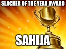 Award | SLACKER OF THE YEAR AWARD; SAHIJA | image tagged in award | made w/ Imgflip meme maker