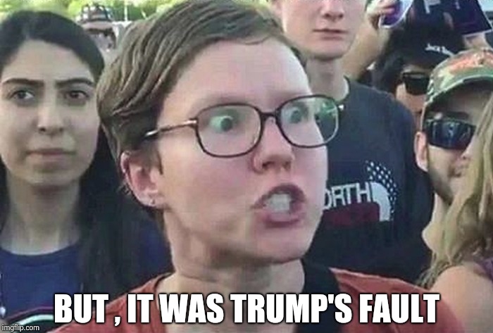 Triggered Liberal | BUT , IT WAS TRUMP'S FAULT | image tagged in triggered liberal | made w/ Imgflip meme maker