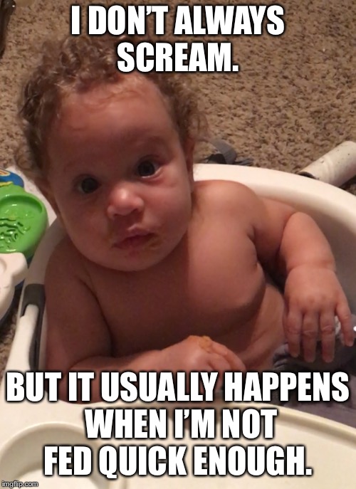 Most interesting baby | I DON’T ALWAYS SCREAM. BUT IT USUALLY HAPPENS WHEN I’M NOT FED QUICK ENOUGH. | image tagged in funny,interesting | made w/ Imgflip meme maker