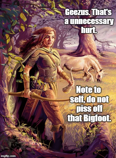 mielikki (forgotten realms) | Geezus. That's a unnecessary hurt. Note to self, do not piss off that Bigfoot. | image tagged in mielikki forgotten realms | made w/ Imgflip meme maker