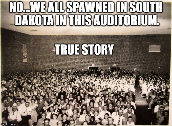 All my memes' Fans | NO...WE ALL SPAWNED IN SOUTH DAKOTA IN THIS AUDITORIUM. TRUE STORY | image tagged in all my memes' fans | made w/ Imgflip meme maker