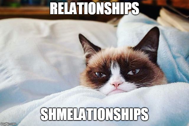 grumpy cat bed | RELATIONSHIPS SHMELATIONSHIPS | image tagged in grumpy cat bed | made w/ Imgflip meme maker