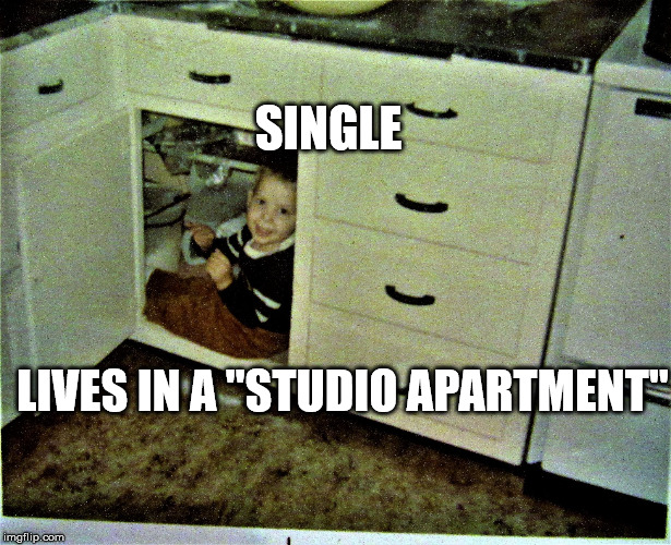 organizedkid | SINGLE LIVES IN A "STUDIO APARTMENT" | image tagged in organizedkid | made w/ Imgflip meme maker