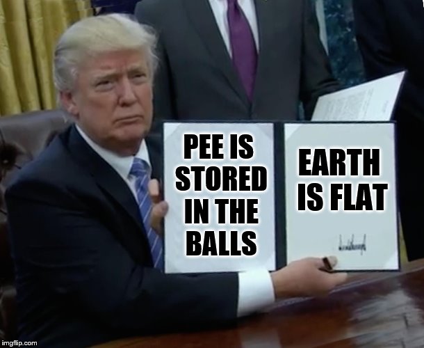Trump Bill Signing | PEE IS STORED IN THE BALLS; EARTH IS FLAT | image tagged in memes,trump bill signing | made w/ Imgflip meme maker