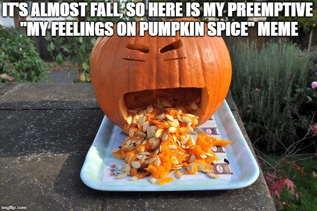IT'S ALMOST FALL, SO HERE IS MY PREEMPTIVE "MY FEELINGS ON PUMPKIN SPICE" MEME | image tagged in fall,pumpkin spice | made w/ Imgflip meme maker