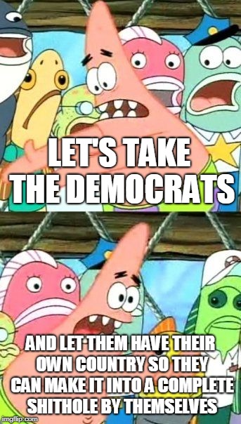 Put It Somewhere Else Patrick Meme | LET'S TAKE THE DEMOCRATS AND LET THEM HAVE THEIR OWN COUNTRY SO THEY CAN MAKE IT INTO A COMPLETE SHITHOLE BY THEMSELVES | image tagged in memes,put it somewhere else patrick | made w/ Imgflip meme maker