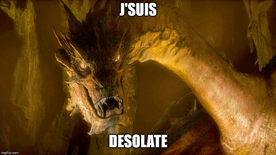 desolation of smaug | J'SUIS; DESOLATE | image tagged in smaug,desolation,sorry | made w/ Imgflip meme maker
