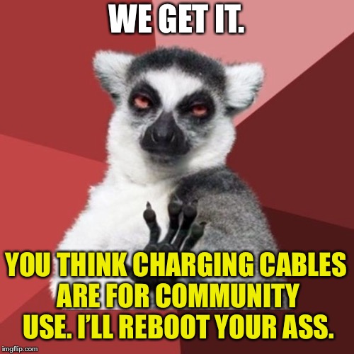 Stop stealing my cables |  WE GET IT. YOU THINK CHARGING CABLES ARE FOR COMMUNITY USE. I’LL REBOOT YOUR ASS. | image tagged in memes,chill out lemur,charger,cable,take,boot | made w/ Imgflip meme maker