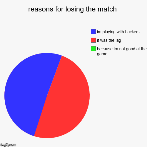 reasons for losing the match | because im not good at the game, it was the lag, im playing with hackers | image tagged in funny,pie charts | made w/ Imgflip chart maker