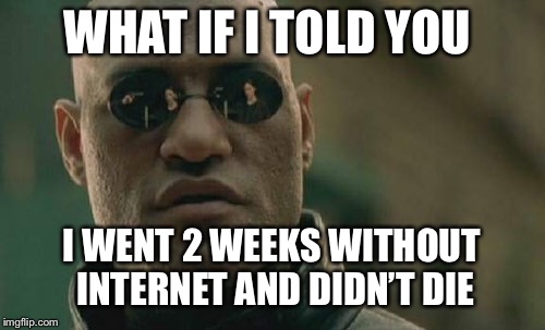 Hi | WHAT IF I TOLD YOU; I WENT 2 WEEKS WITHOUT INTERNET AND DIDN’T DIE | image tagged in memes,matrix morpheus,summer,camping,internet | made w/ Imgflip meme maker