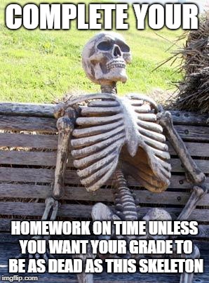 Waiting Skeleton | COMPLETE YOUR; HOMEWORK ON TIME UNLESS YOU WANT YOUR GRADE TO BE AS DEAD AS THIS SKELETON | image tagged in memes,waiting skeleton | made w/ Imgflip meme maker