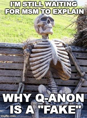 #QAnon is a fake LARP | I'M STILL WAITING FOR MSM TO EXPLAIN; WHY Q-ANON IS A "FAKE" | image tagged in memes,waiting skeleton,qanon,larp,fake news | made w/ Imgflip meme maker