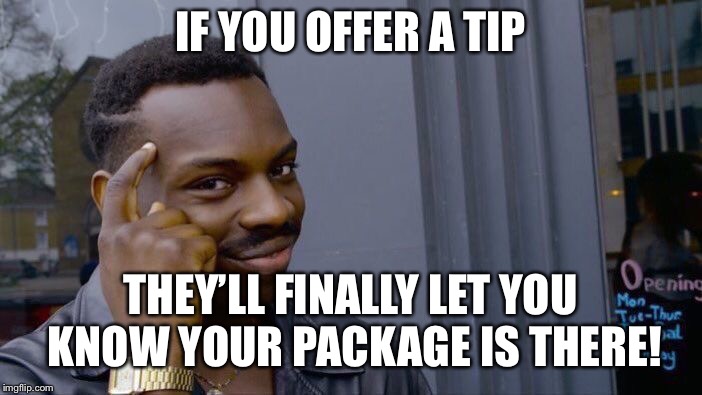 Roll Safe Think About It Meme | IF YOU OFFER A TIP THEY’LL FINALLY LET YOU KNOW YOUR PACKAGE IS THERE! | image tagged in memes,roll safe think about it | made w/ Imgflip meme maker
