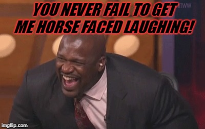shaq laugh | YOU NEVER FAIL TO GET ME HORSE FACED LAUGHING! | image tagged in shaq laugh | made w/ Imgflip meme maker