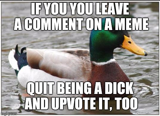 Actual Advice Mallard | IF YOU YOU LEAVE A COMMENT ON A MEME; QUIT BEING A DICK AND UPVOTE IT, TOO | image tagged in memes,actual advice mallard | made w/ Imgflip meme maker