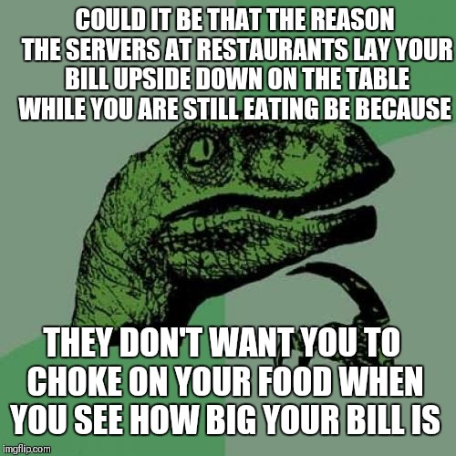 Philosoraptor Meme | COULD IT BE THAT THE REASON THE SERVERS AT RESTAURANTS LAY YOUR BILL UPSIDE DOWN ON THE TABLE WHILE YOU ARE STILL EATING BE BECAUSE; THEY DON'T WANT YOU TO CHOKE ON YOUR FOOD WHEN YOU SEE HOW BIG YOUR BILL IS | image tagged in memes,philosoraptor | made w/ Imgflip meme maker