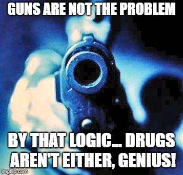 gun in face | GUNS ARE NOT THE PROBLEM; BY THAT LOGIC... DRUGS AREN'T EITHER, GENIUS! | image tagged in gun in face | made w/ Imgflip meme maker