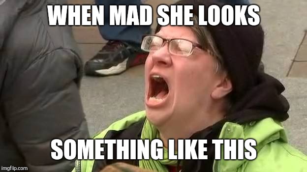 Screaming Trump Protester at Inauguration | WHEN MAD SHE LOOKS SOMETHING LIKE THIS | image tagged in screaming trump protester at inauguration | made w/ Imgflip meme maker