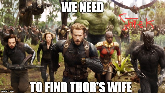 WE NEED IT | WE NEED; TO FIND THOR'S WIFE | image tagged in avengers infinity war running | made w/ Imgflip meme maker