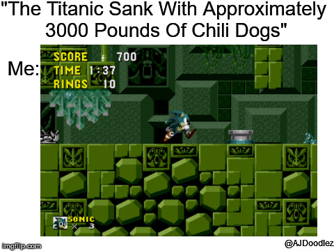 The Real Reason Sonic Went To Labyrinth Zone | "The Titanic Sank With Approximately 3000 Pounds Of Chili Dogs"; Me:; @AJDoodlez | image tagged in sonic,sonic the hedgehog,meme | made w/ Imgflip meme maker