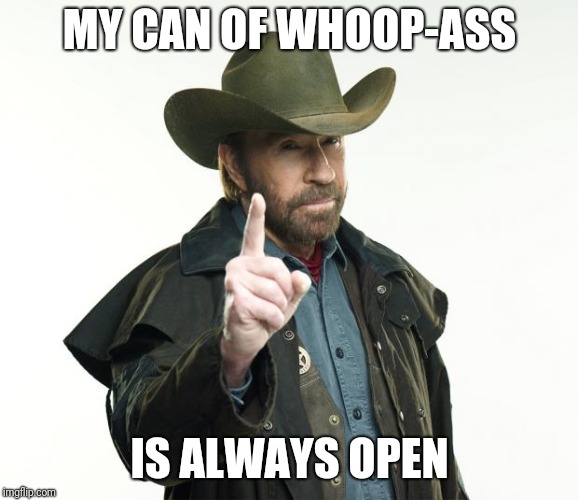 Chuck Norris Finger Meme | MY CAN OF WHOOP-ASS IS ALWAYS OPEN | image tagged in memes,chuck norris finger,chuck norris | made w/ Imgflip meme maker