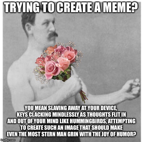 Overly Poetic Man (Template by Octavia_Melody) | TRYING TO CREATE A MEME? YOU MEAN SLAVING AWAY AT YOUR DEVICE, KEYS CLACKING MINDLESSLY AS THOUGHTS FLIT IN AND OUT OF YOUR MIND LIKE HUMMINGBIRDS, ATTEMPTING TO CREATE SUCH AN IMAGE THAT SHOULD MAKE EVEN THE MOST STERN MAN GRIN WITH THE JOY OF HUMOR? | image tagged in overly poetic man | made w/ Imgflip meme maker