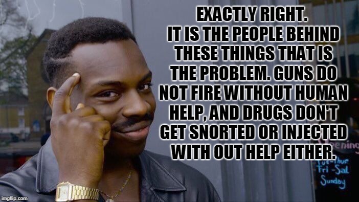 Roll Safe Think About It Meme | EXACTLY RIGHT. IT IS THE PEOPLE BEHIND THESE THINGS THAT IS THE PROBLEM. GUNS DO NOT FIRE WITHOUT HUMAN HELP, AND DRUGS DON'T GET SNORTED OR | image tagged in memes,roll safe think about it | made w/ Imgflip meme maker