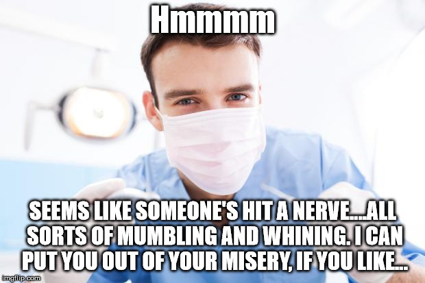 Dentist | Hmmmm SEEMS LIKE SOMEONE'S HIT A NERVE....ALL SORTS OF MUMBLING AND WHINING. I CAN PUT YOU OUT OF YOUR MISERY, IF YOU LIKE... | image tagged in dentist | made w/ Imgflip meme maker