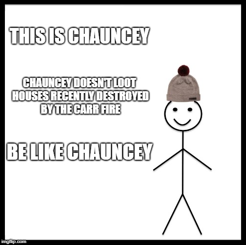 Chauncey is good people | THIS IS CHAUNCEY; CHAUNCEY DOESN'T LOOT HOUSES RECENTLY DESTROYED BY THE CARR FIRE; BE LIKE CHAUNCEY | image tagged in be like bill,carr fire,redding,california,looting,memes | made w/ Imgflip meme maker