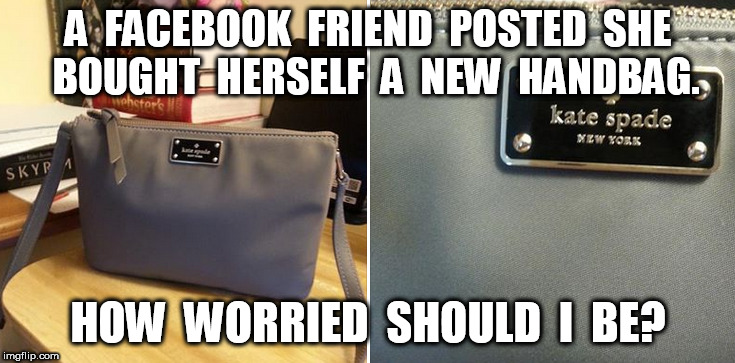 Kate Spade Handbag | A  FACEBOOK  FRIEND  POSTED  SHE  BOUGHT  HERSELF  A  NEW  HANDBAG. HOW  WORRIED  SHOULD  I  BE? | image tagged in kate spade | made w/ Imgflip meme maker