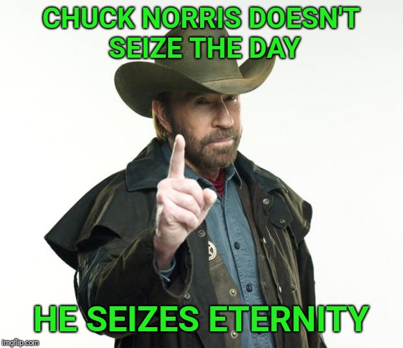 "For it is appointed unto man once to live and after that, the judgement." | CHUCK NORRIS DOESN'T SEIZE THE DAY; HE SEIZES ETERNITY | image tagged in memes,chuck norris finger,chuck norris,eternity,carpe diem | made w/ Imgflip meme maker