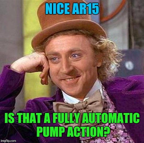 Creepy Condescending Wonka Meme | NICE AR15 IS THAT A FULLY AUTOMATIC PUMP ACTION? | image tagged in memes,creepy condescending wonka | made w/ Imgflip meme maker