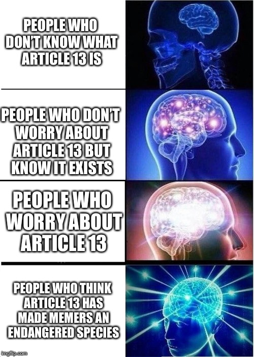 Expanding Brain | PEOPLE WHO DON’T KNOW WHAT ARTICLE 13 IS; PEOPLE WHO DON’T WORRY ABOUT ARTICLE 13 BUT KNOW IT EXISTS; PEOPLE WHO WORRY ABOUT ARTICLE 13; PEOPLE WHO THINK ARTICLE 13 HAS MADE MEMERS AN ENDANGERED SPECIES | image tagged in memes,expanding brain | made w/ Imgflip meme maker