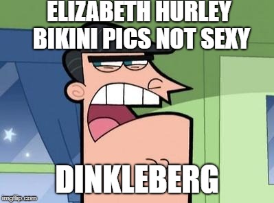 Dinkleberg | ELIZABETH HURLEY BIKINI PICS NOT SEXY; DINKLEBERG | image tagged in dinkleberg | made w/ Imgflip meme maker