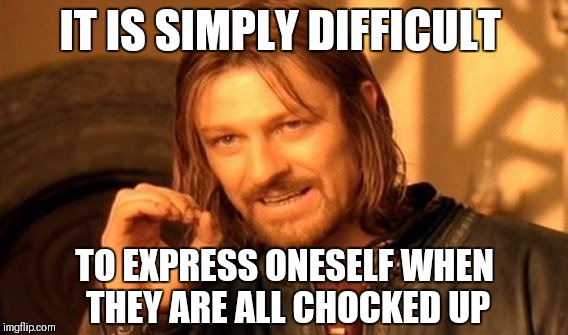 One Does Not Simply Meme | IT IS SIMPLY DIFFICULT TO EXPRESS ONESELF WHEN THEY ARE ALL CHOCKED UP | image tagged in memes,one does not simply | made w/ Imgflip meme maker