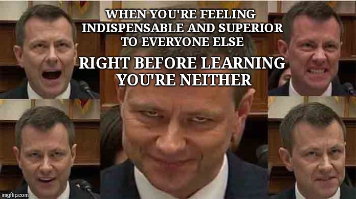 WHEN YOU'RE FEELING INDISPENSABLE AND SUPERIOR TO EVERYONE ELSE; RIGHT BEFORE LEARNING YOU'RE NEITHER | image tagged in peter strzok,getting fired,arrogance | made w/ Imgflip meme maker